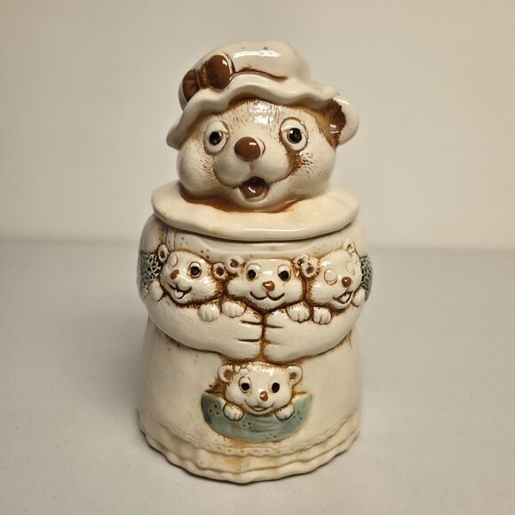 Vintage Mama Bear Ceramic Cookie Jar Four Cubs Country Babies Farm House - Picture 1 of 13